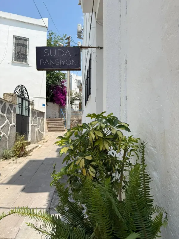 Une ruelle mène à une maison blanche ornée de fleurs violettes.