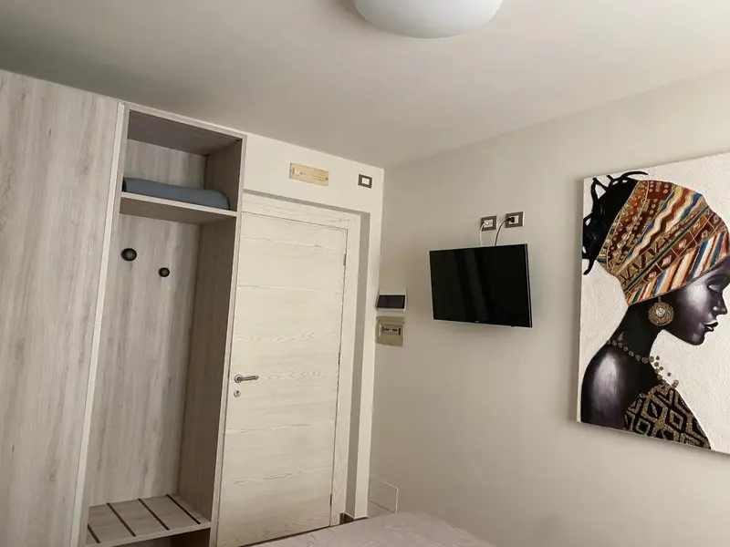 Une chambre sobre avec un placard intégré et une décoration murale colorée.