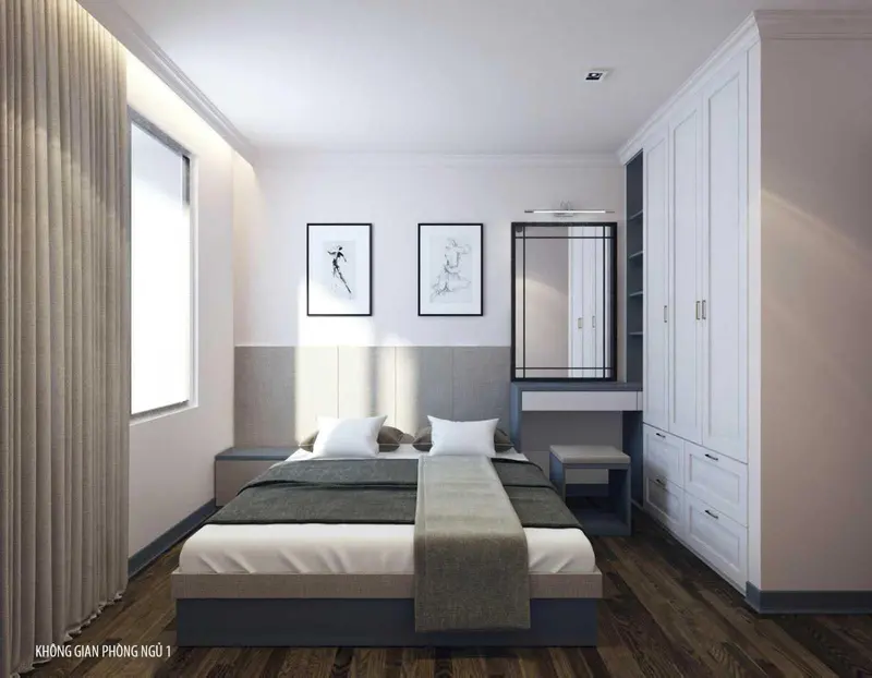 Une chambre à coucher lumineuse avec un grand lit et des tableaux décoratifs.