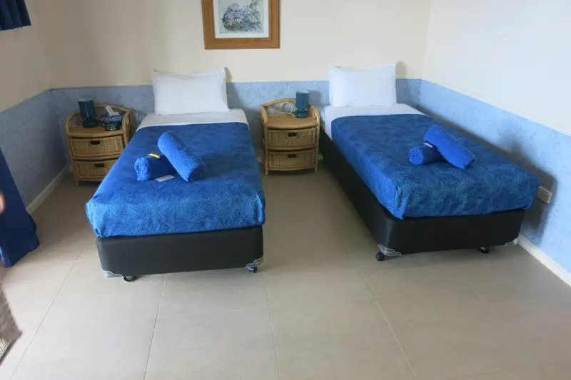 Une chambre avec deux lits simples et des tables de chevet.