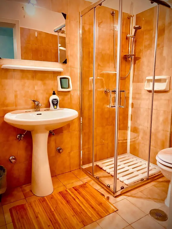 Une salle de bain avec douche, lavabo et WC.