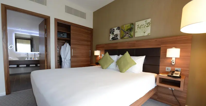 Une chambre lumineuse avec un grand lit et une décoration sobre.