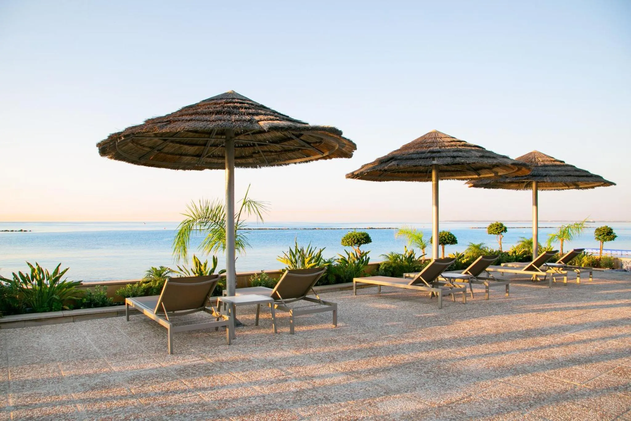 Transats et parasols sur une terrasse ensoleillée avec vue sur la mer.