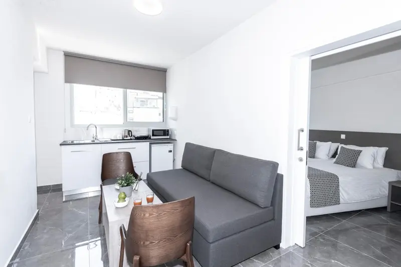 Espace de vie lumineux avec coin cuisine et canapé convertible.