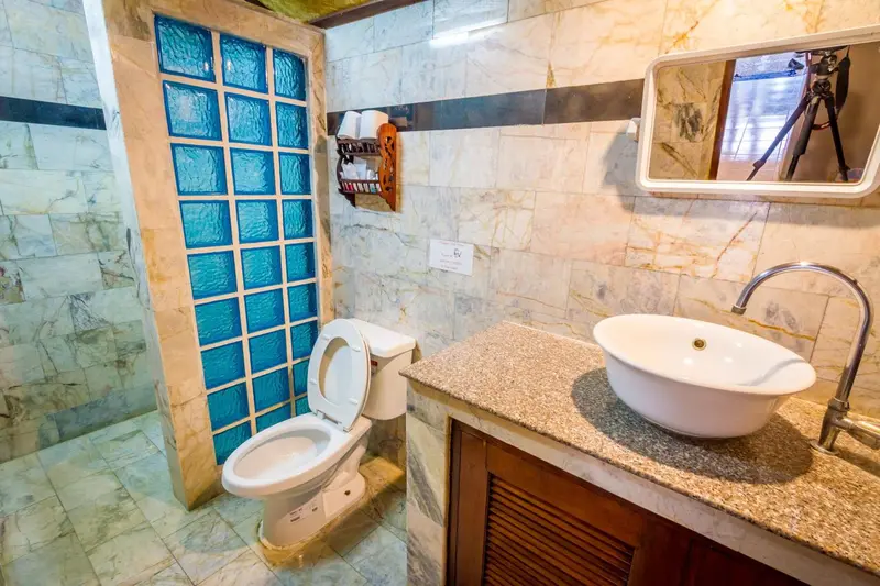 Une salle de bain lumineuse avec douche, toilettes et vasque.