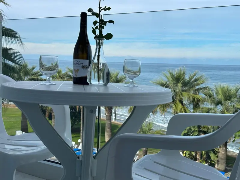 Une table avec des verres et une bouteille de vin est placée sur une terrasse avec vue sur la mer.