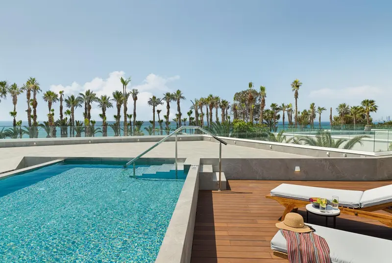 Terrasse avec piscine et vue sur la mer et la végétation.