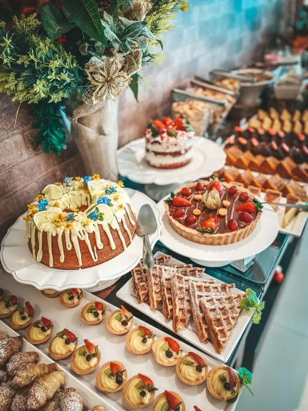 Présentation de pâtisseries et de desserts variés sur un buffet.