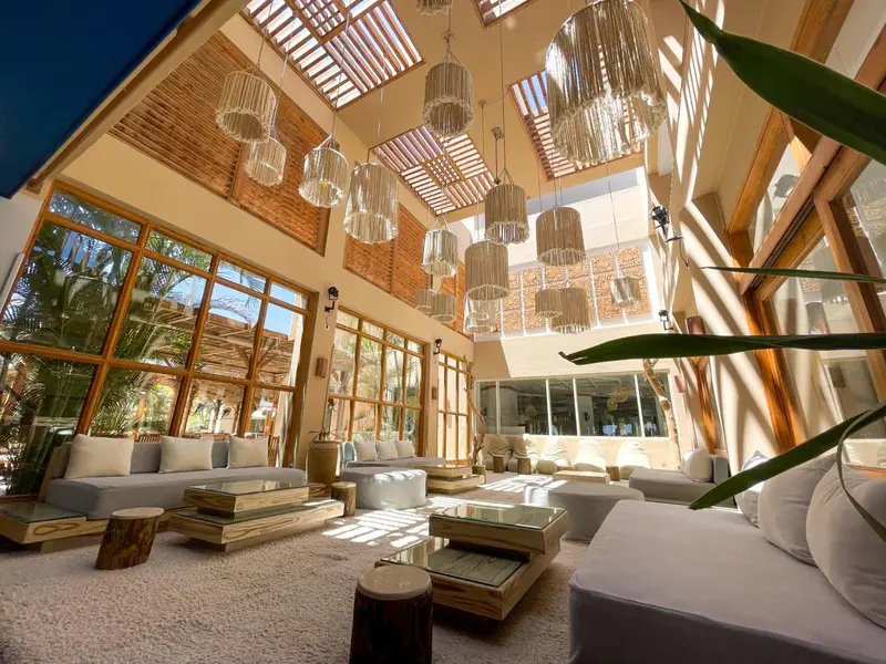 Espace de détente intérieur lumineux avec mobilier confortable et végétation tropicale.