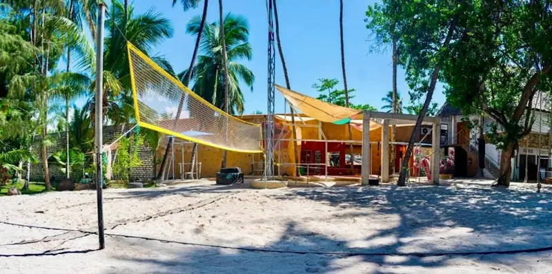 Terrain de volley-ball sur une plage de sable blanc bordée de palmiers.