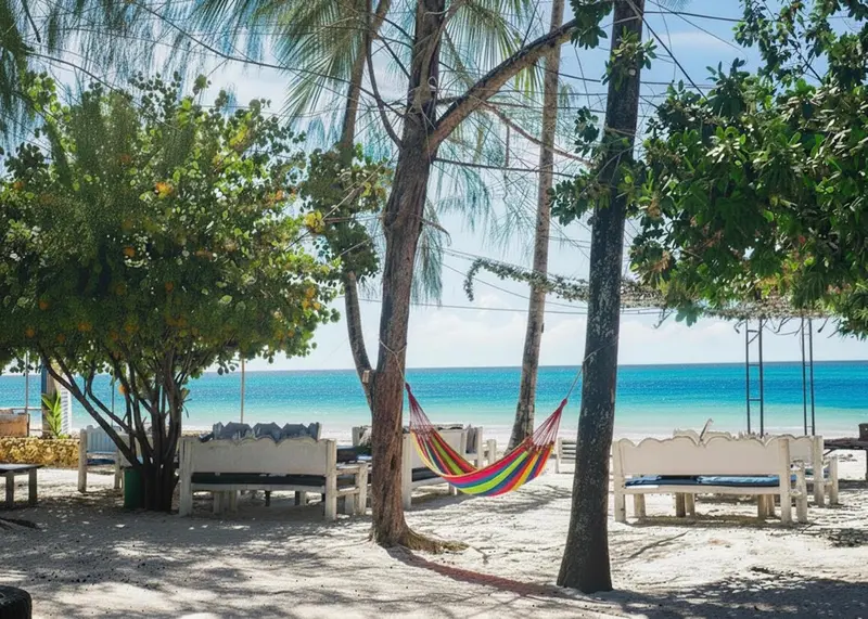 Un hamac coloré est suspendu entre des arbres sur une plage de sable blanc.