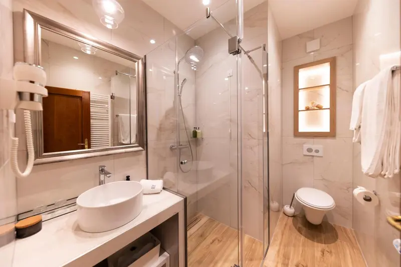 Une salle de bain moderne avec douche à l'italienne et vasque blanche.