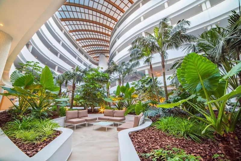 Un espace de détente intérieur luxuriant avec des canapés et une végétation tropicale.