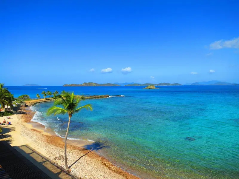 Vue aérienne d'une plage de sable fin bordée d'une mer turquoise et de végétation tropicale.