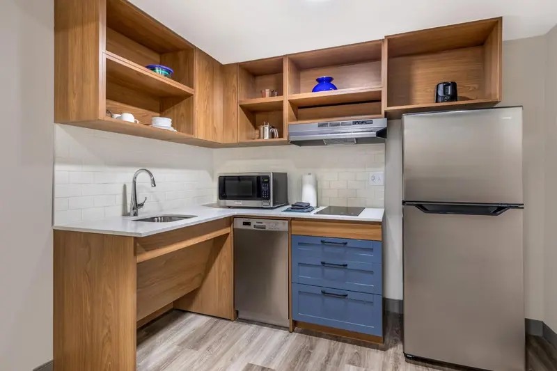 Une kitchenette moderne avec un évier, des plaques de cuisson et un réfrigérateur.