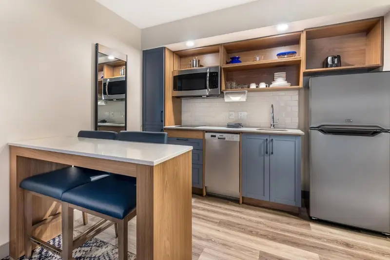 Une kitchenette moderne avec un évier, un micro-ondes et un réfrigérateur est visible dans un espace de vie.
