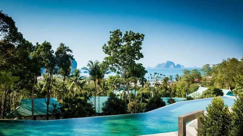 Vue d'une piscine à débordement surplombant la mer et une végétation luxuriante.