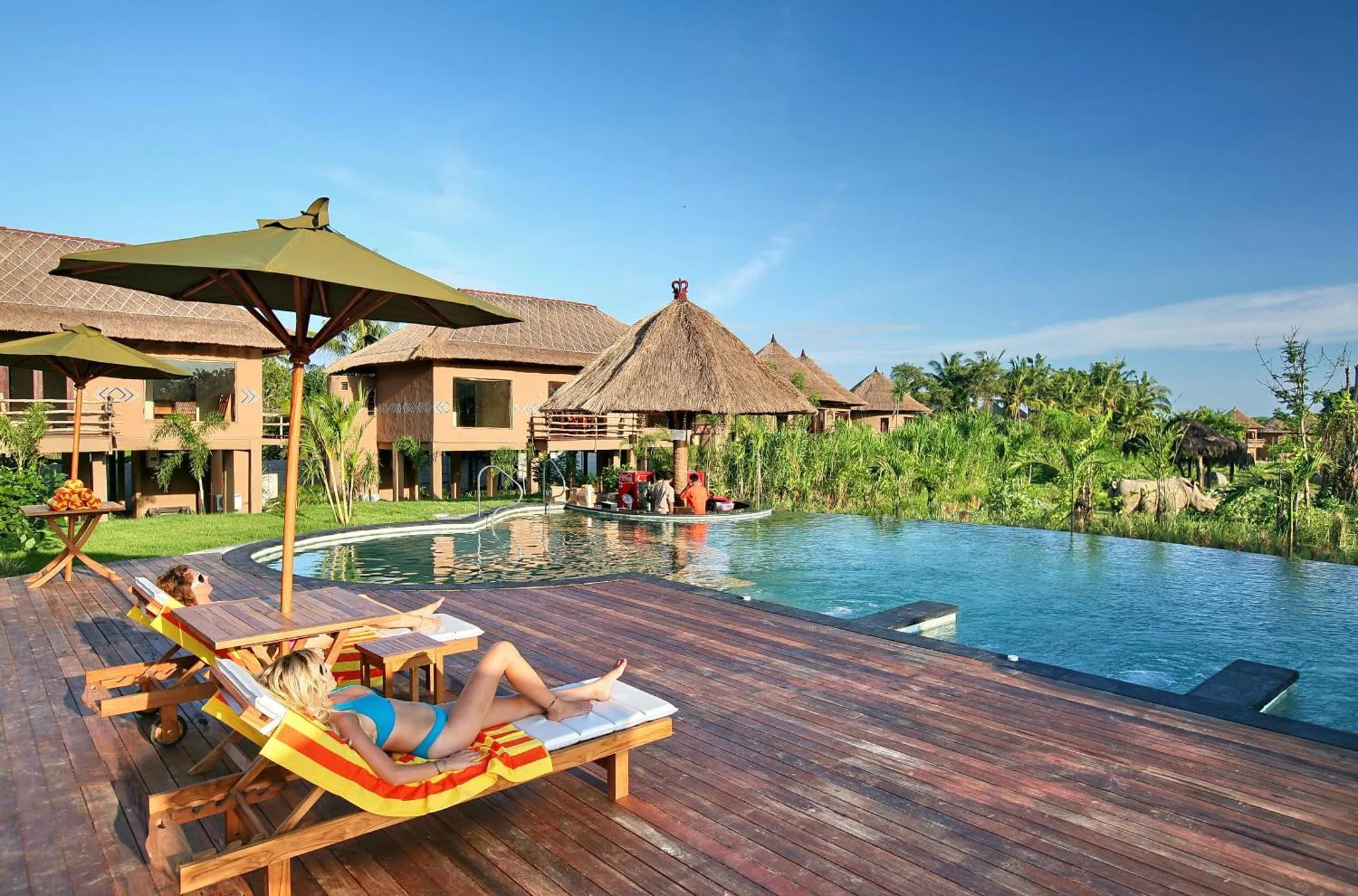 Transats en bois bordant une piscine rectangulaire turquoise dans un jardin tropical.