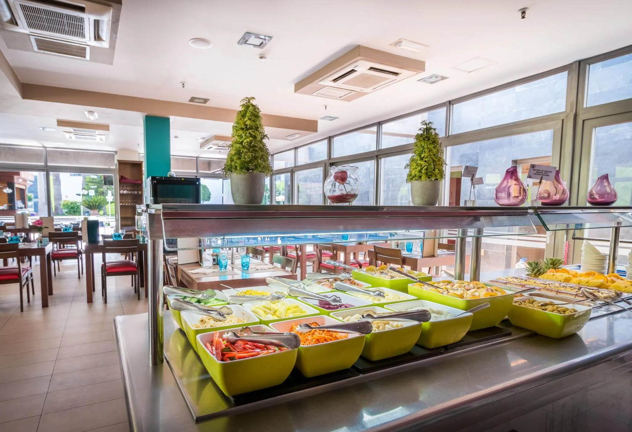 Un buffet propose une variété de salades et de plats colorés dans une salle lumineuse.
