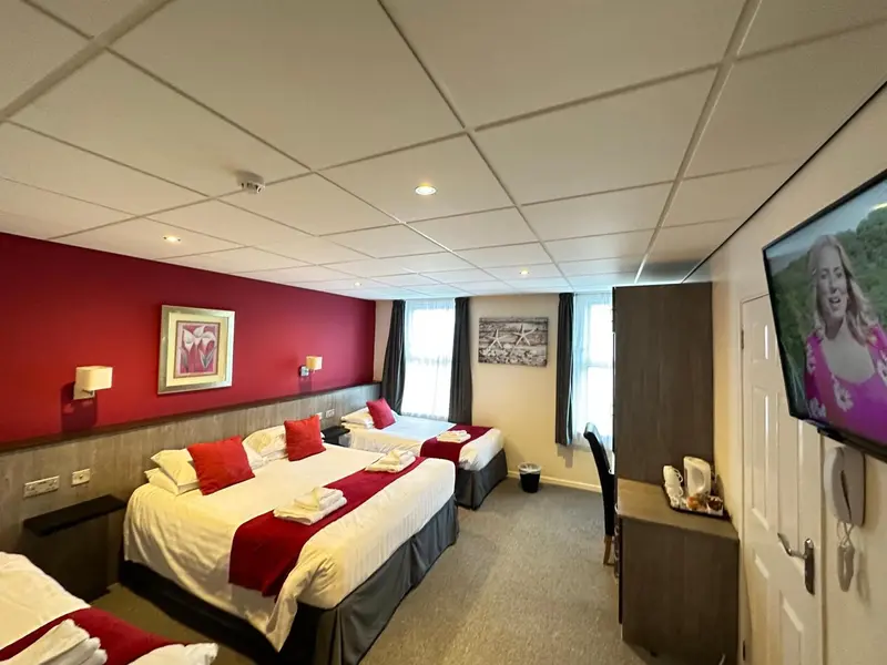 Chambre avec deux lits jumeaux et décoration murale.