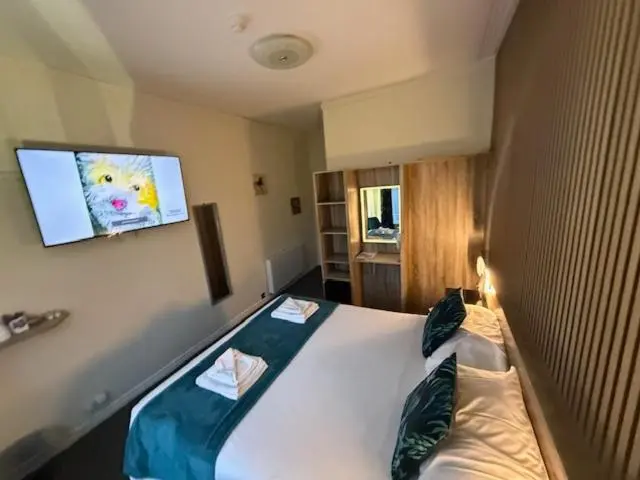 Une chambre d'hôtel avec un lit double et une télévision murale.