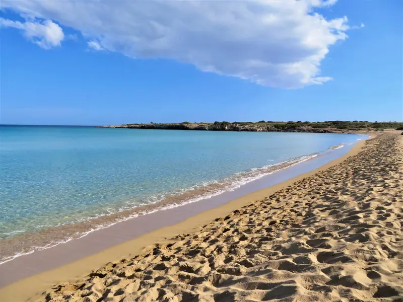 Une plage de sable fin bordée d'une eau turquoise sous un ciel bleu nuageux.