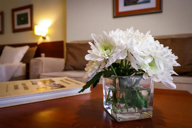 Un bouquet de fleurs blanches illumine une table en bois dans une pièce lumineuse.