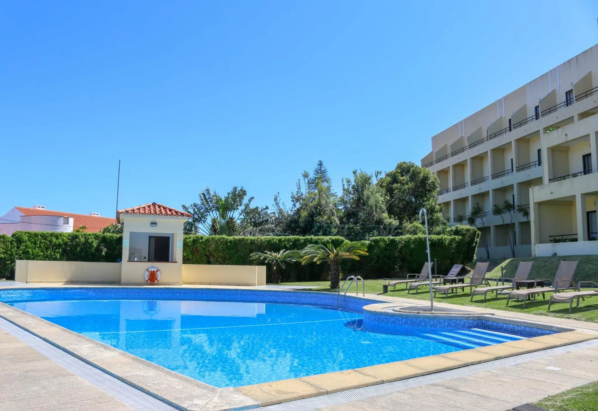 Une piscine rectangulaire avec des transats et une végétation luxuriante.