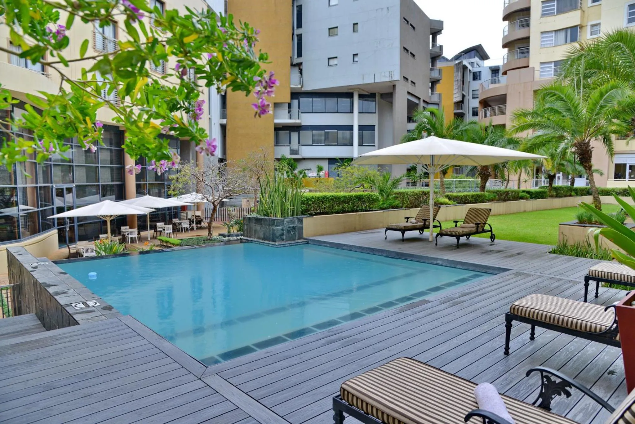 Une piscine rectangulaire avec des transats et des parasols dans un jardin tropical.