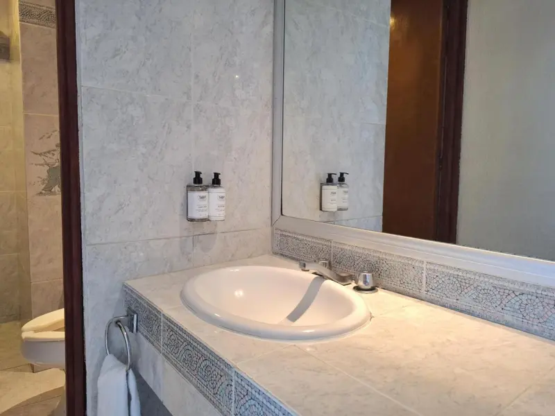 Un lavabo blanc avec des distributeurs de savon sur un comptoir carrelé.