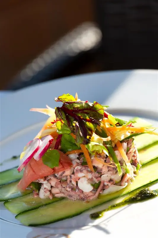Assiette de salade colorée avec des légumes frais et une sauce verte.