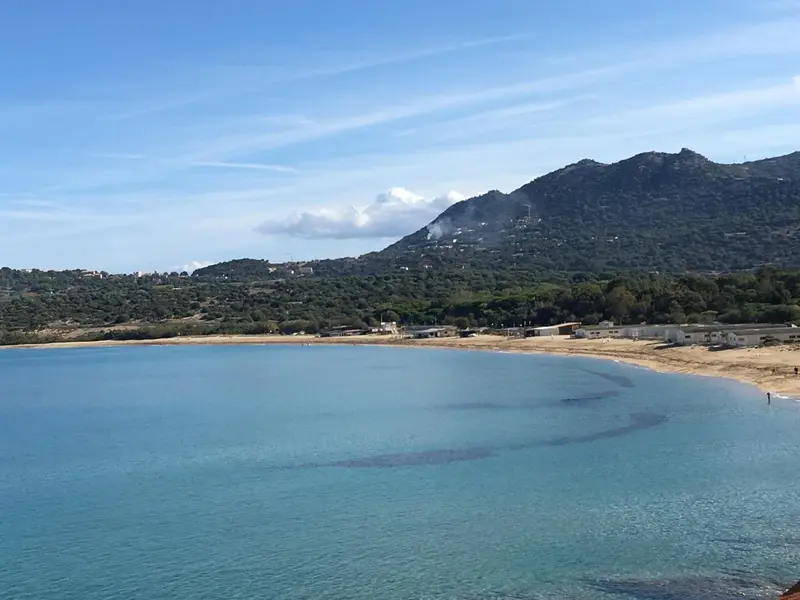 Une plage de sable fin borde une eau turquoise au pied de montagnes verdoyantes.