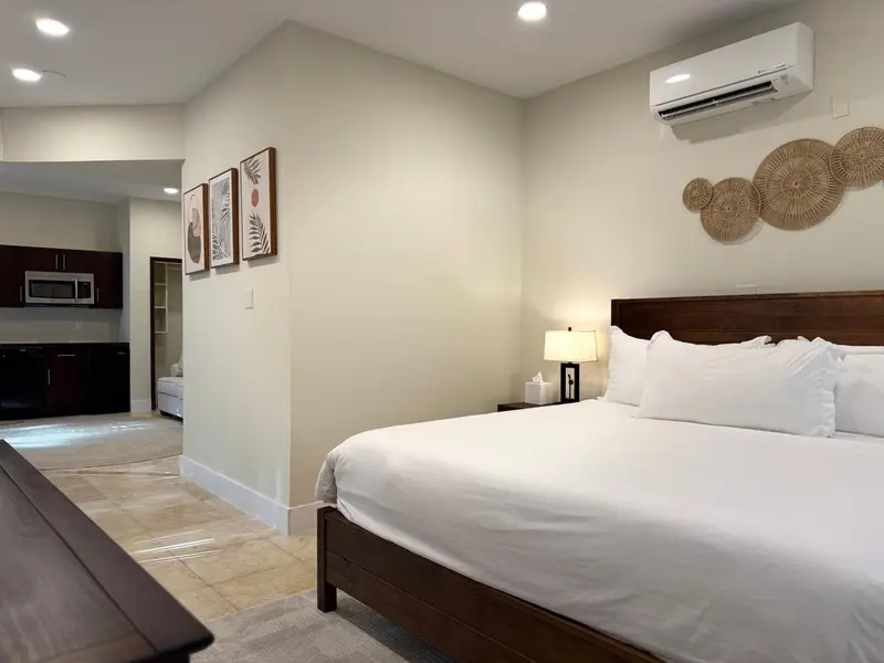 Une chambre lumineuse avec un grand lit et un espace cuisine.