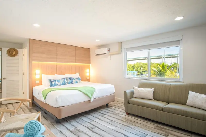 Une chambre lumineuse avec un grand lit et un canapé.