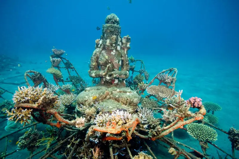 Statue sous-marine colonisée par des coraux et entourée de poissons.