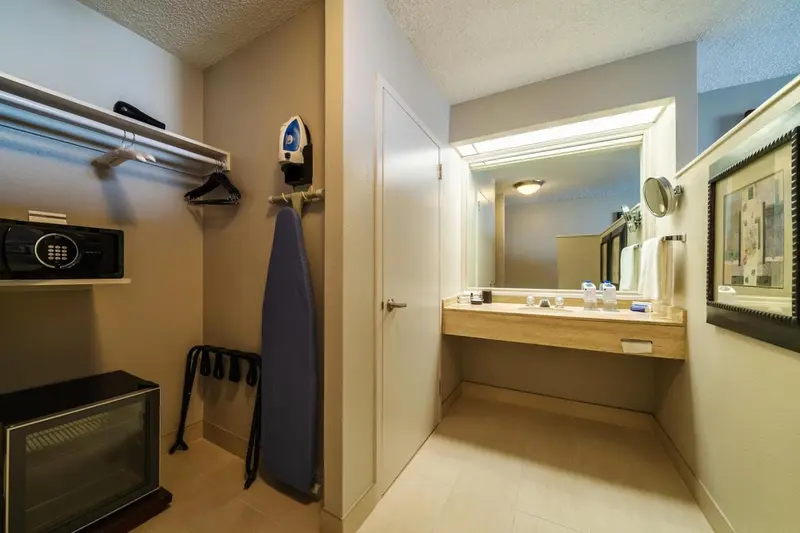 Un espace de rangement avec un fer à repasser et un miroir au-dessus d'un meuble.