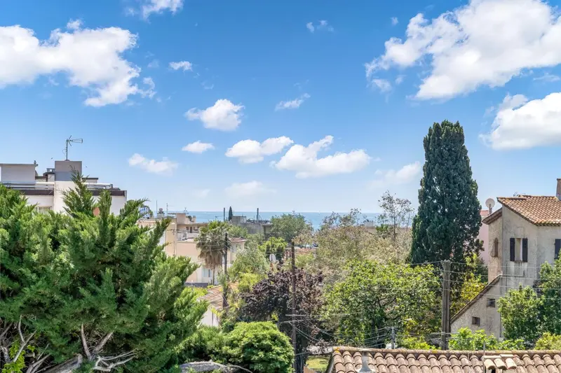 Vue aérienne sur une ville côtière ensoleillée et verdoyante.