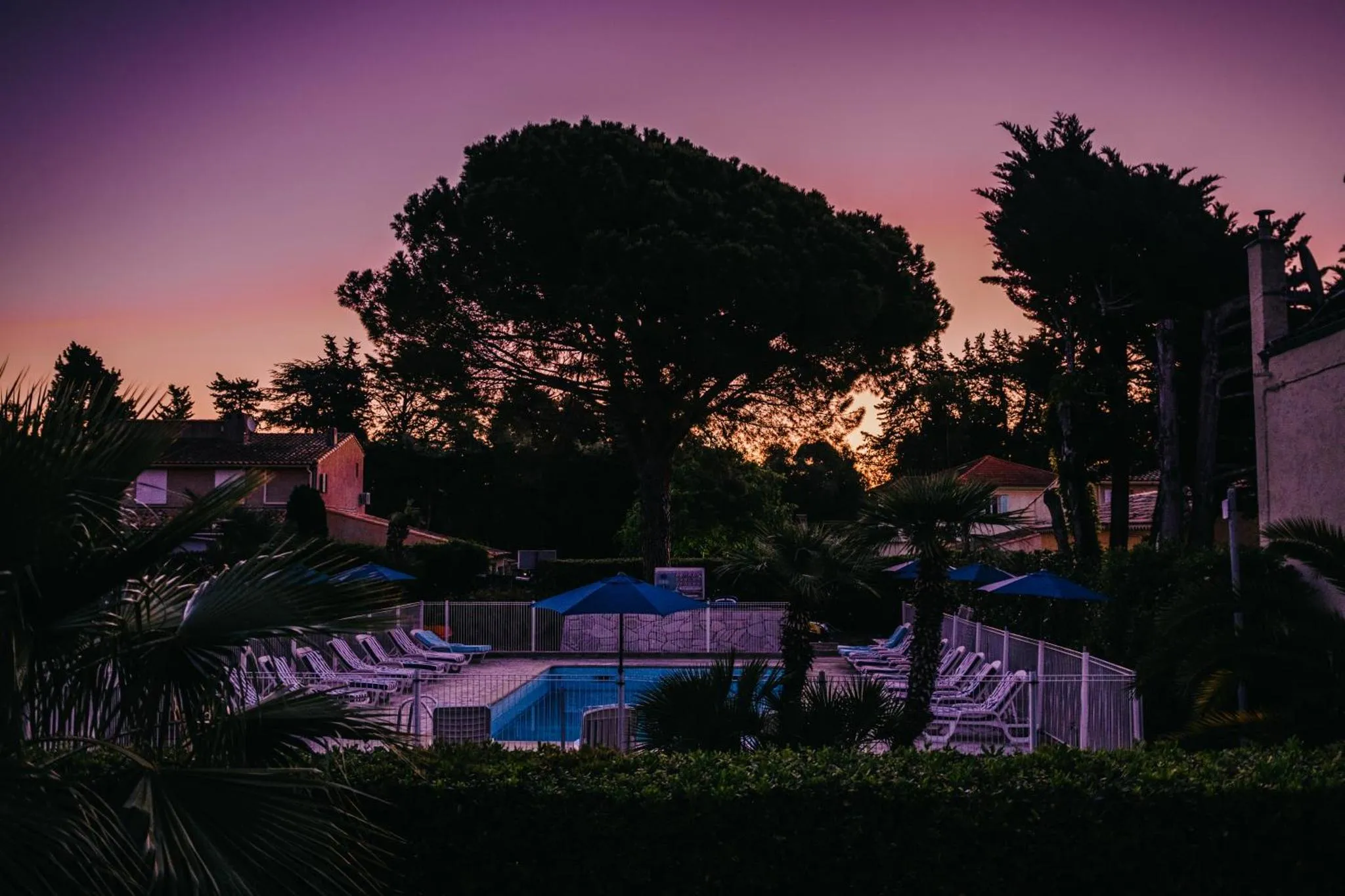 Transats bleus alignés au bord d'une piscine illuminée au crépuscule.