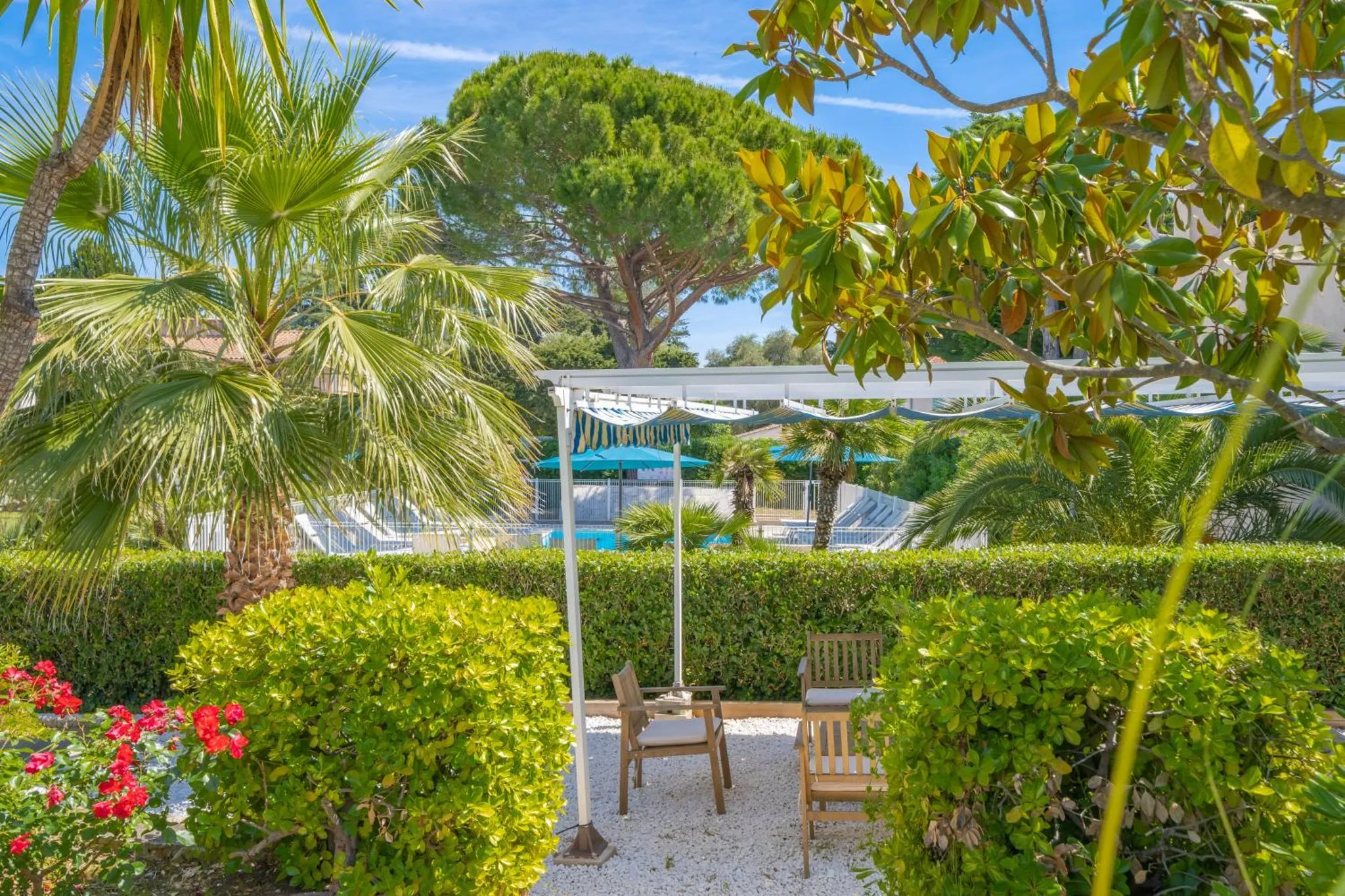 Terrasse ombragée avec mobilier de jardin donnant sur une piscine entourée de végétation.