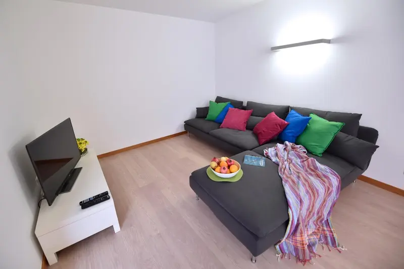 Un canapé gris avec des coussins colorés est placé devant un téléviseur dans une pièce lumineuse.