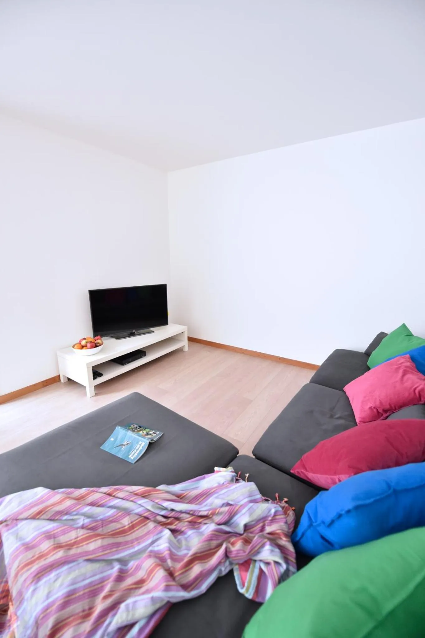 Espace de détente avec canapé et télévision.