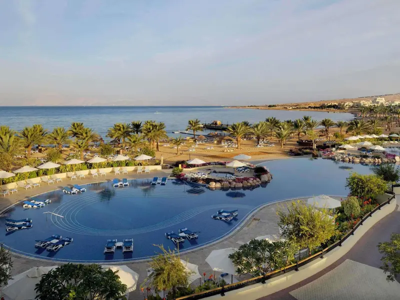 Vue aérienne d'une piscine et d'une plage bordée de palmiers.