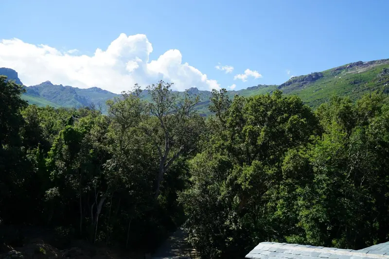 Paysage montagneux verdoyant sous un ciel bleu nuageux.