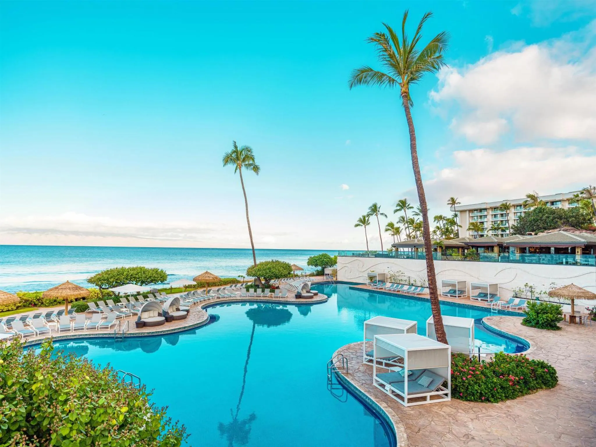 Une piscine turquoise bordée de transats et de végétation tropicale, avec l'océan en arrière-plan.