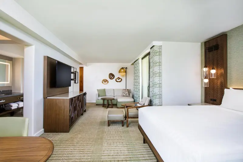 Une chambre lumineuse avec un lit, un canapé et une télévision.