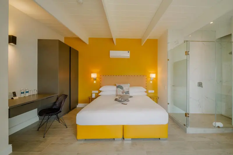 Une chambre lumineuse avec un grand lit et une douche à l'italienne.