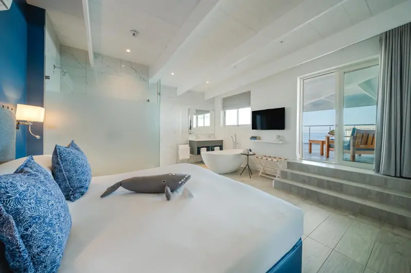 Chambre lumineuse avec un grand lit et une baignoire îlot.
