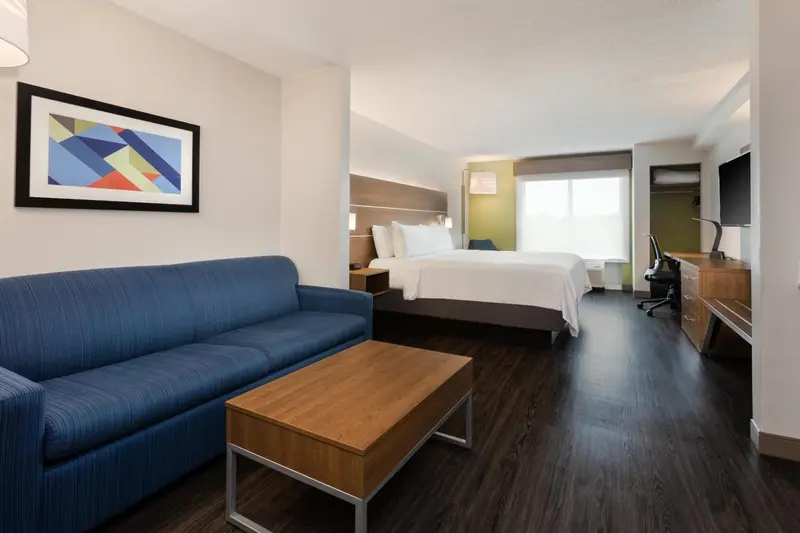 Une chambre lumineuse avec un canapé bleu et un bureau.