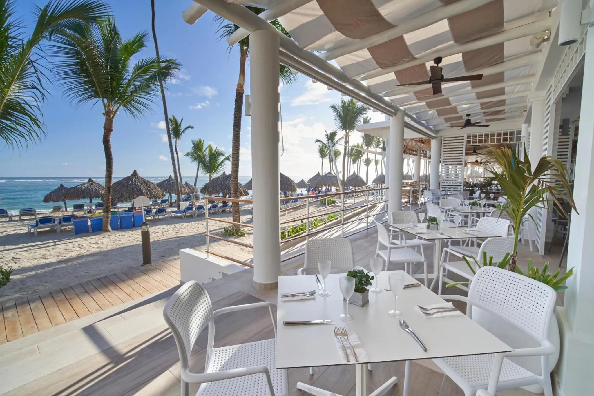 Terrasse ombragée avec tables et chaises donnant sur une plage de sable blanc et la mer.