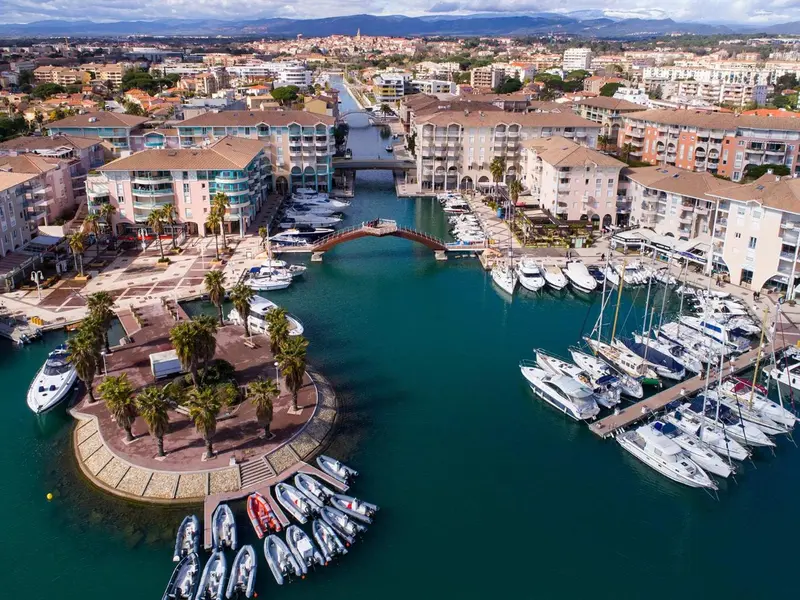 Vue aérienne d'un port de plaisance bordé de bâtiments résidentiels et de palmiers.